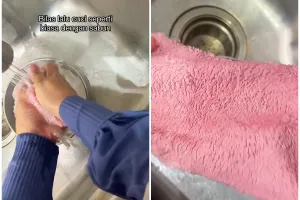 Bukan pakai detergen, ini trik cuci lap dapur berminyak dan penuh noda kunyit dengan 2 bahan sederhana