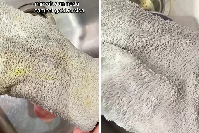 Bukan pakai detergen, ini trik cuci lap dapur berminyak dan penuh noda kunyit dengan 2 bahan sederhana